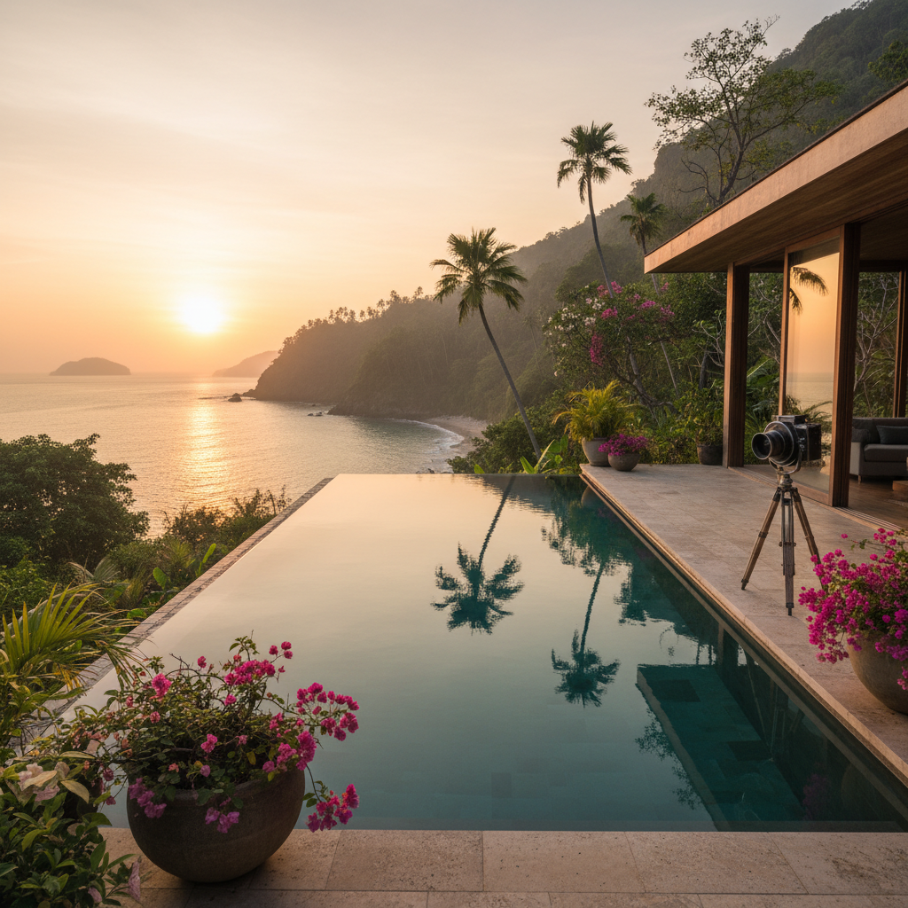 Luxury private villa overlooking a tropical coastline
